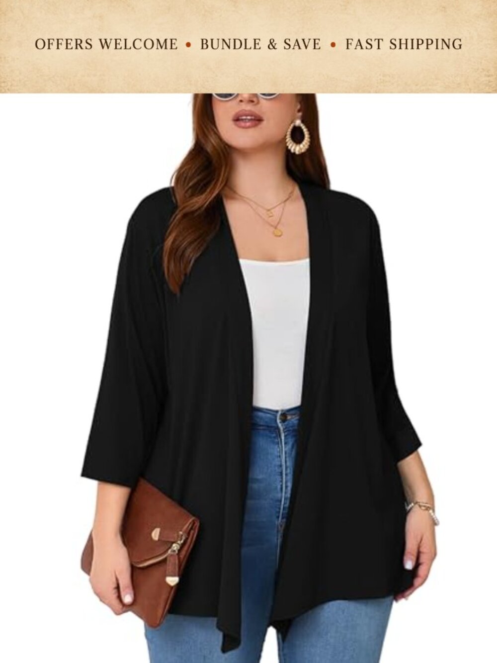 Plus Size Open Front Cardigan 3/4 Sleeve Lightweight Kimono Cover Up